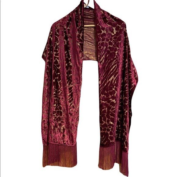 INC Animal Print Velvet Dark Red Gold Embellished Fringe Scarf - Picture 3 of 5